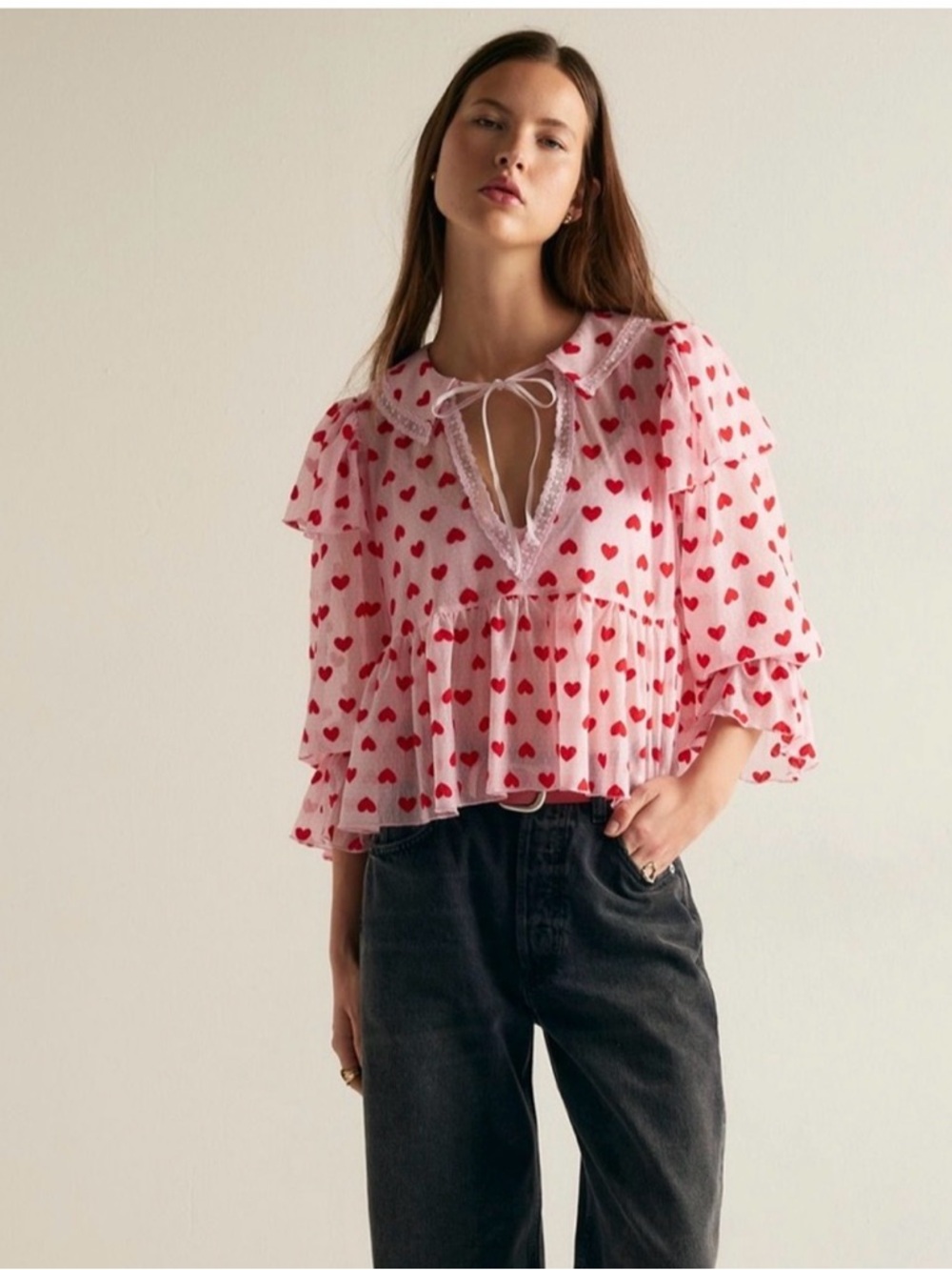 NWT Free People Cordellia Long Sleeve Blouse in Pink/Red Heart